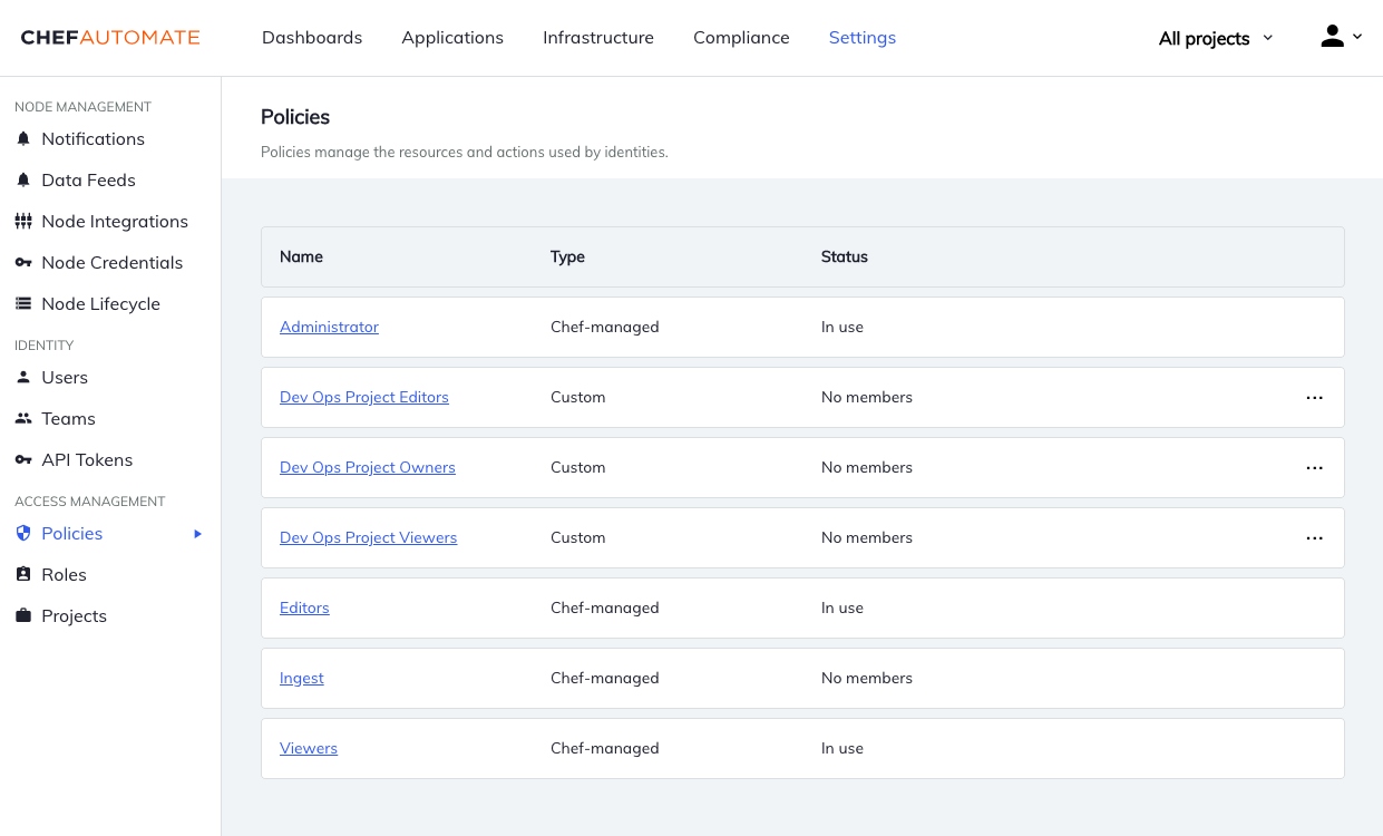 Chef Automate Settings Policies page
